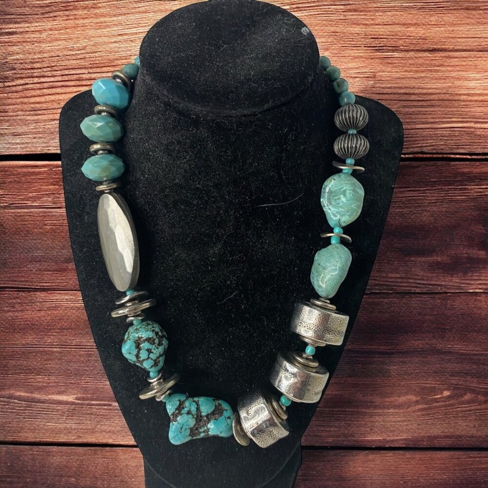 Tresk Handcrafted‎ Frieda Turquoise Silver Tone Beads Statement Necklace Chunky